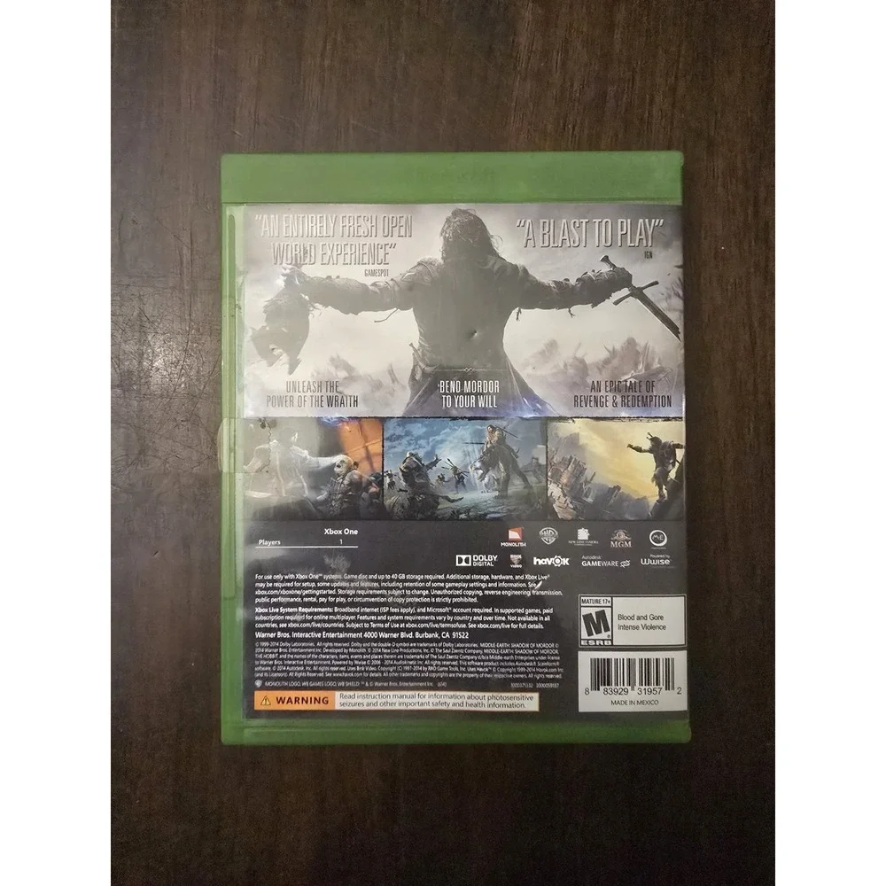 Middle Earth Shadow of Mordor Xbox One video game Rated M 17+, Tested, Works
